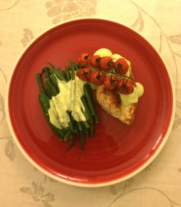 The low fat version of creamy basil chicken: no cream – but still creamy. And with those fabulous tomatoes