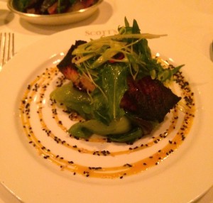 Scott's miso-blackened salmon with seared pak choi and pickled ginger